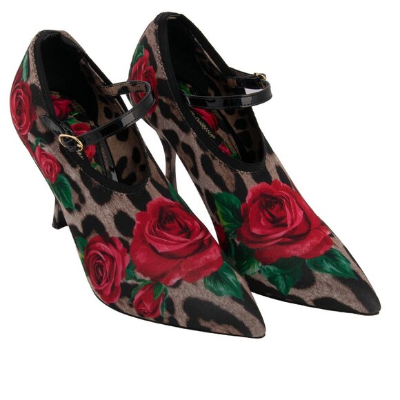 Dolce & Gabbana - Leopard Rose Fabric Leather Pumps Heels LORI Black Brown Red E - Picture 1 of 5